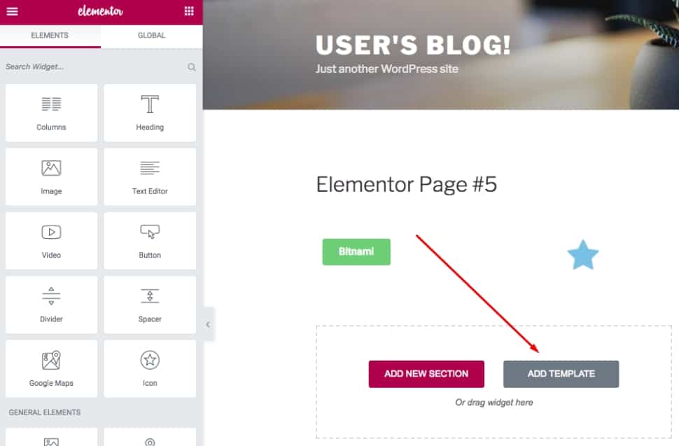 Add template in Elementor site builder