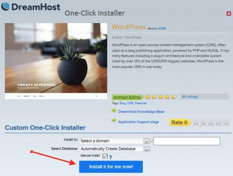 DreamHost one click WordPress install