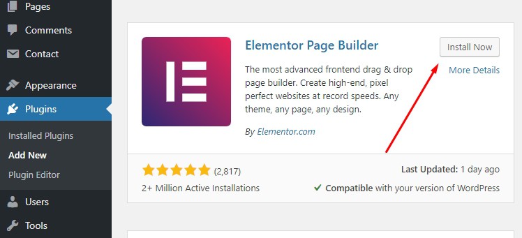 Install Elementor plugin on WordPress site