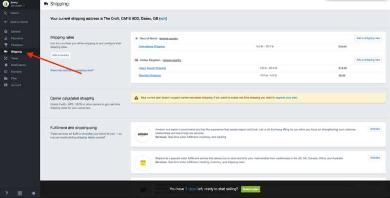 Online store shipping settings