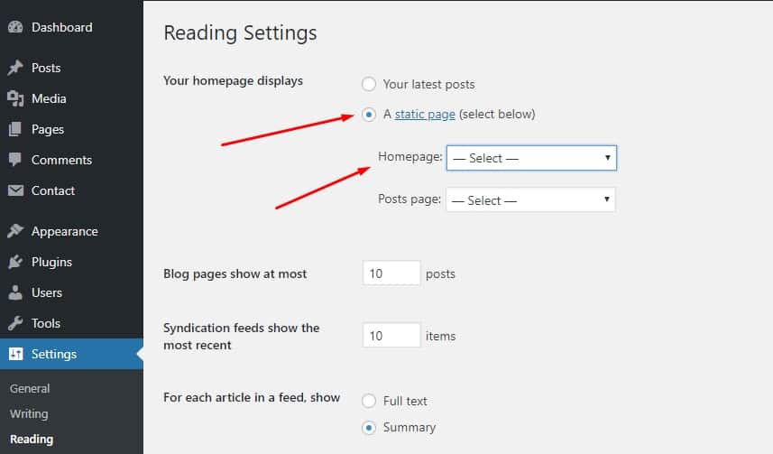 Setting static homepage on WordPress