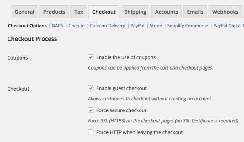 WooCommerce shop checkout settings for your store