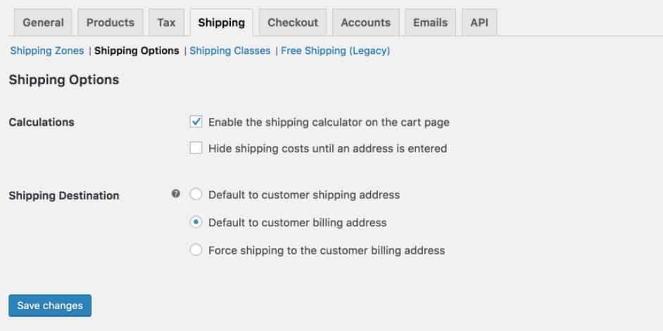 WooCommerce store online shipping zones and options settings