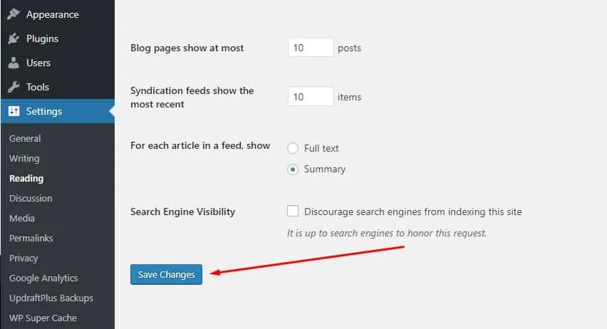 WordPress static page save changes