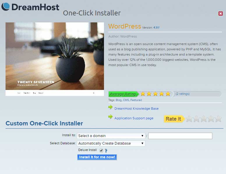 DreamHost WordPress installer in one click