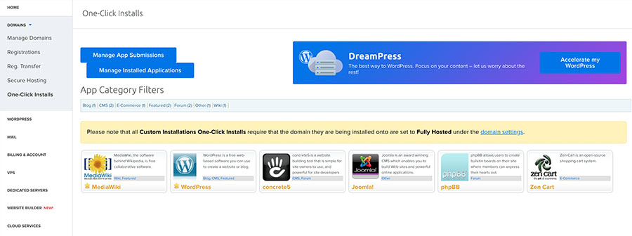DreamHost WordPress installer in one click