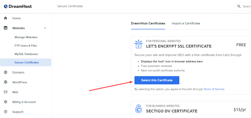 Free SSL certificate on DreamHost